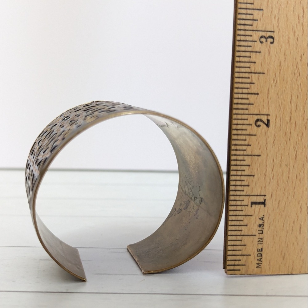 Brass Inlay Cuff Bracelet Metallic Silver Tone Etched Cutout Detail Boho India - Picture 13 of 13